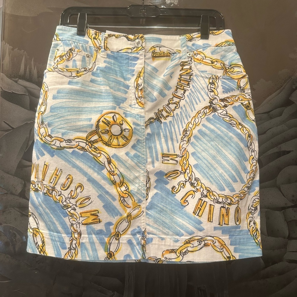 Moschino Blue and Gold Chain Print Pencil Skirt